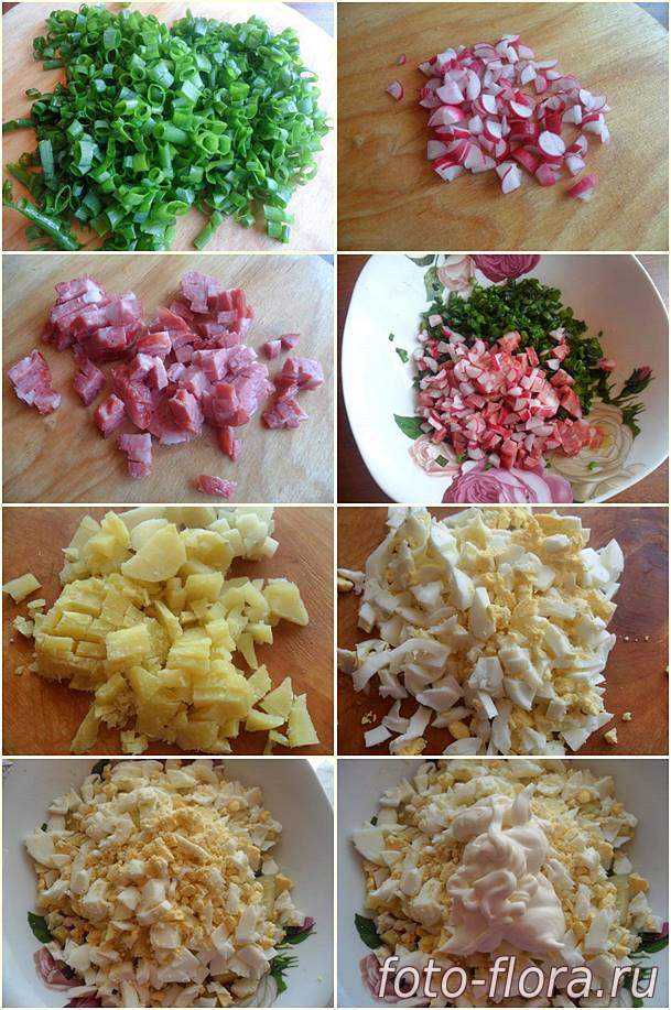 приготовление окрошки с квасом и колбасой в фото